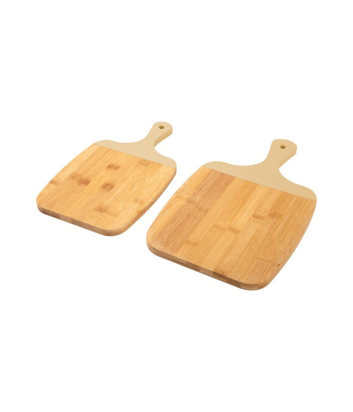 Set di 2 taglieri gourmet in bambù con manici beige, vista frontale.