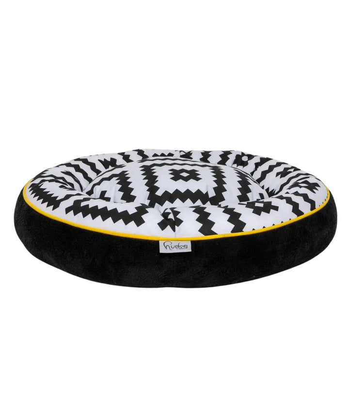 Cuccia per cani e gatti in cotone decorato con zigzag bianco e nero, bordino giallo - lato in cotone estivo