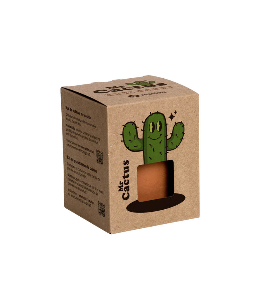 Scatola biodegradabile von scritta Mr. Cactus e disegno cactus sorridente verde. Immagine su sfondo bianco.