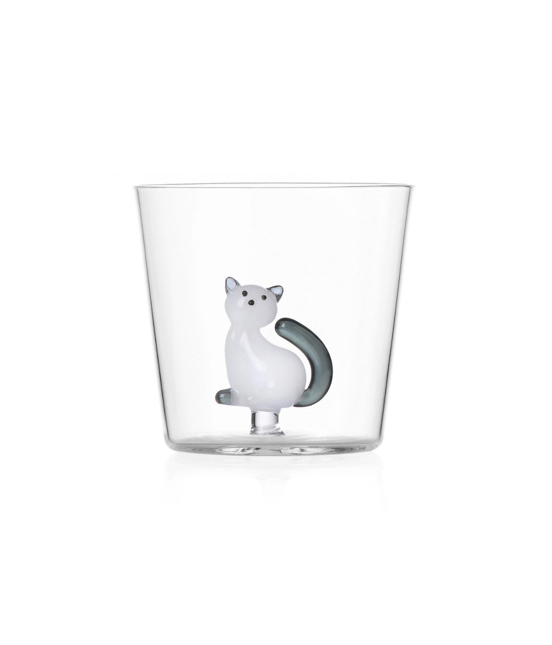 Bicchiere Tabby Cat di Ichendorf con gattino bianco e grigio, realizzato in vetro borosilicato.