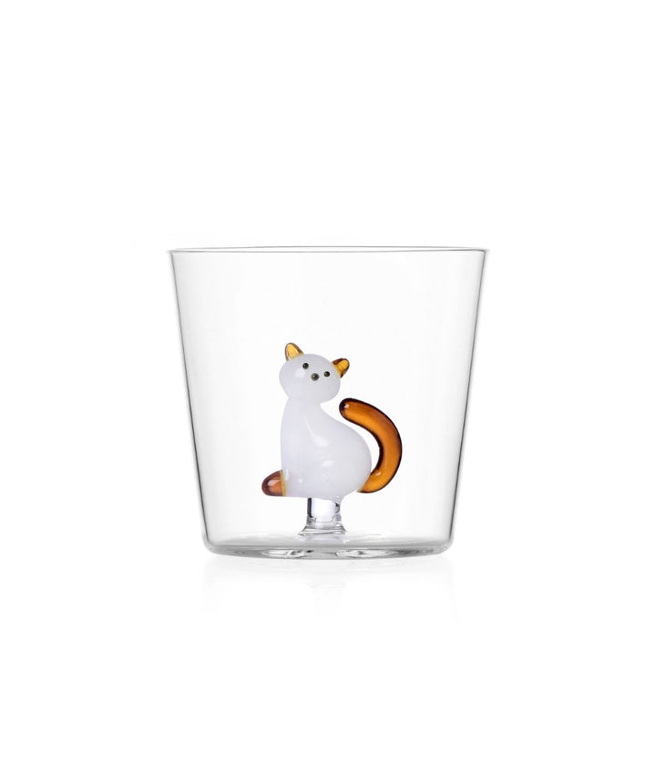 Bicchiere Tabby Cat di Ichendorf con gattino bianco e ambra, realizzato in vetro borosilicato.