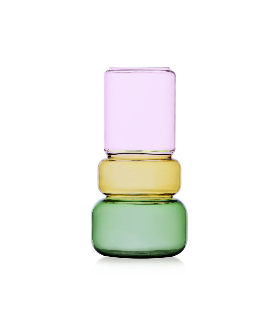 Vaso Revolve di Ichendorf in vetro borosilicato, con sezioni rosa, ambra e verde, su sfondo bianco.