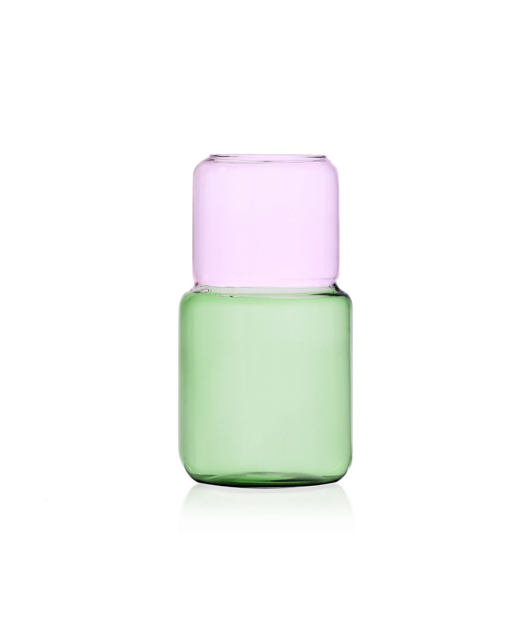 Vaso Revolve di Ichendorf in vetro borosilicato, con base verde e parte superiore rosa, su sfondo bianco.