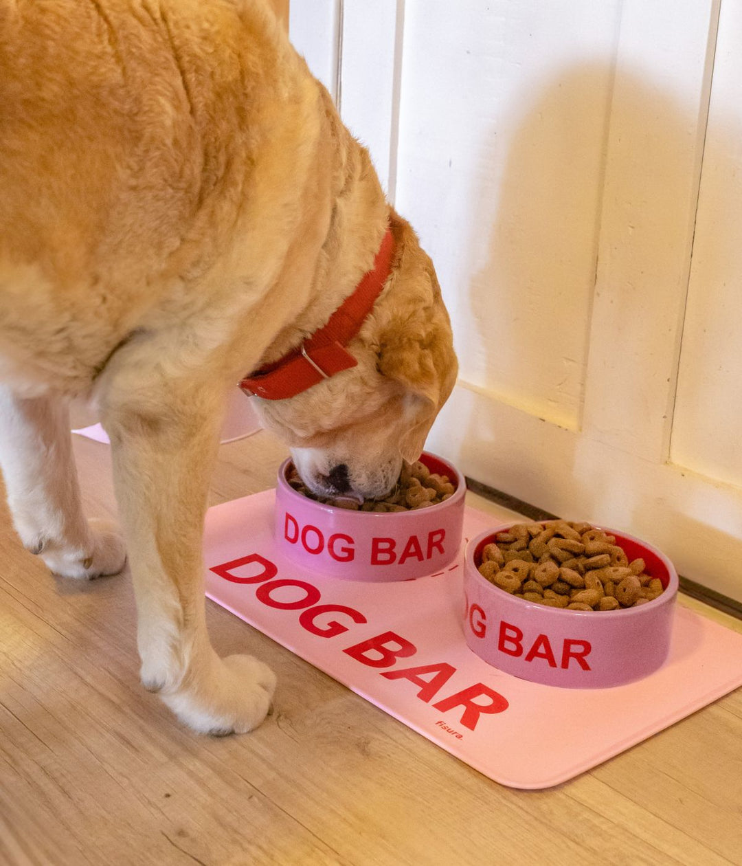 Un cane mangia dalla Ciotola Dog Bar rosa con scritta rossa "DOG BAR" in una cucina.