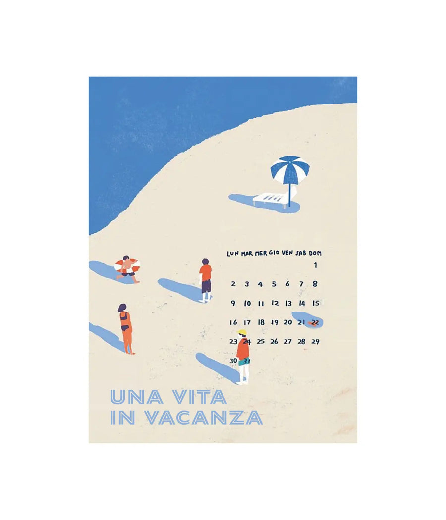 Biglietto d'auguri con spiaggia e mare, omini e calendario per segnare il giorno della pensione.