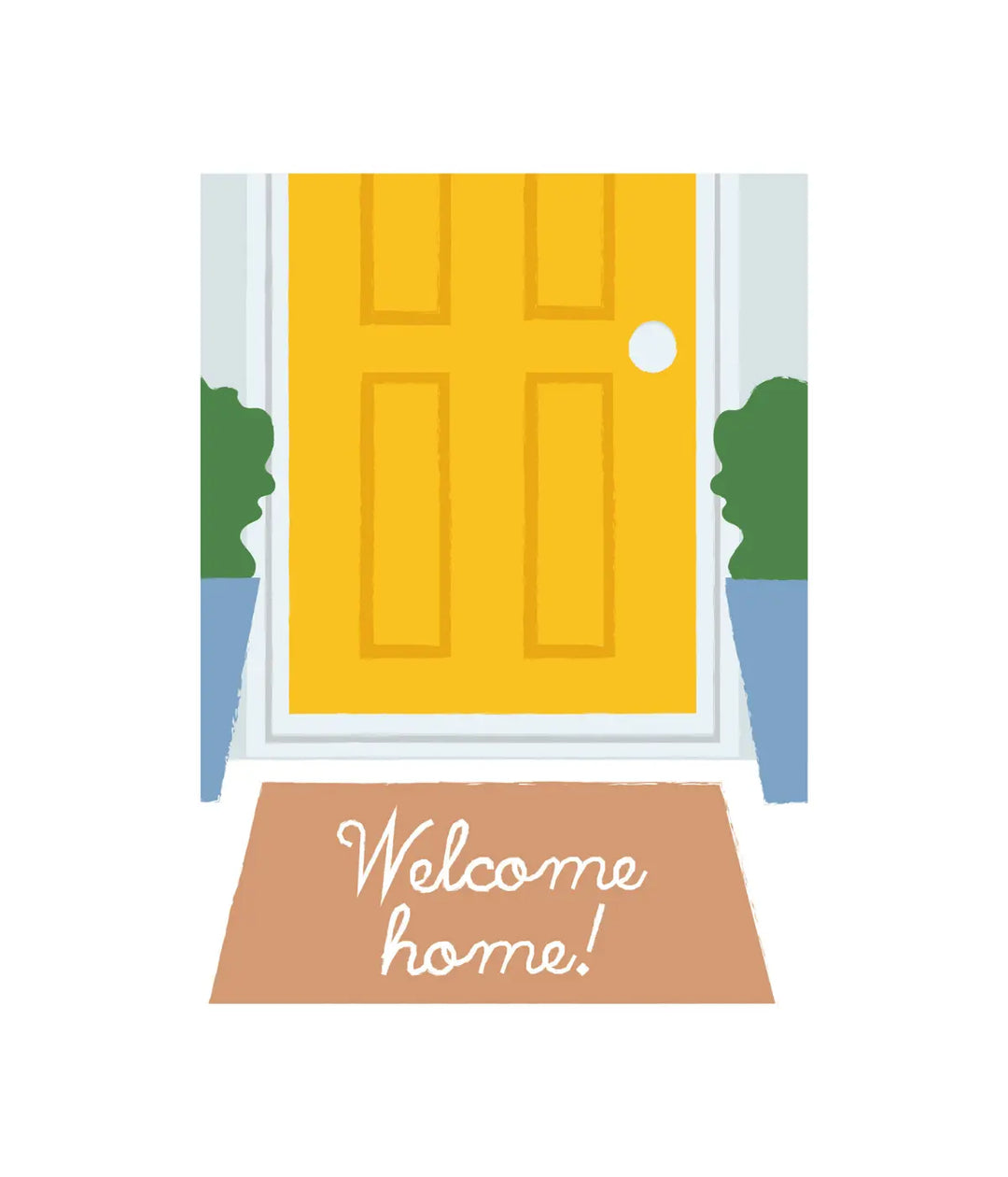 Biglietto con disegno porta d'entrata gialla e tappetino con scritta Welcome Home. Sfondo bianco