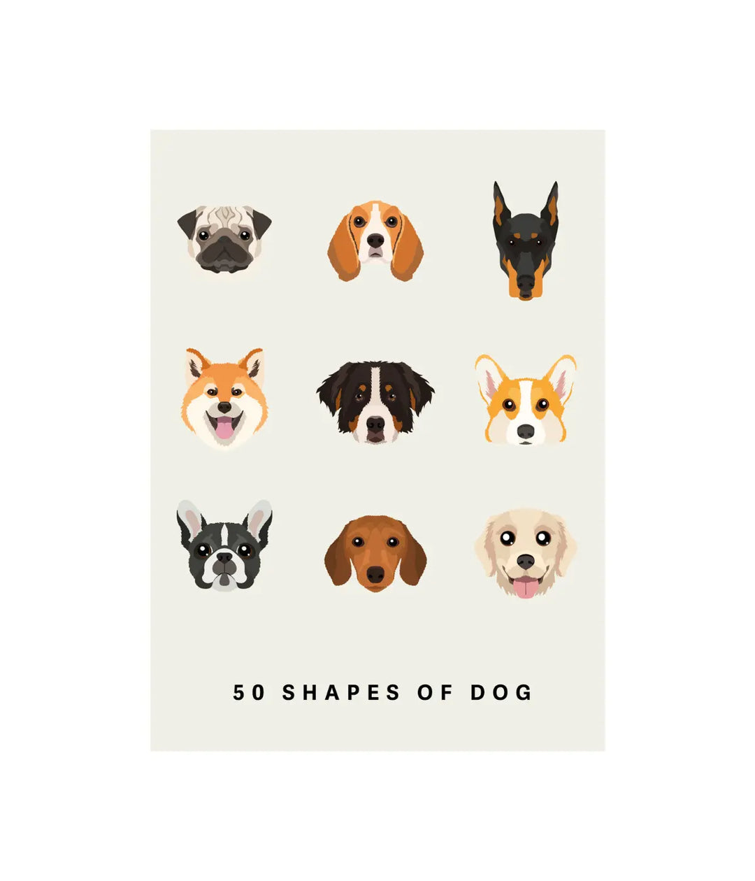 Biglietto d'auguri con cani disegnati sopra. E scritta 50 shapes of dog. Sfondo bianco