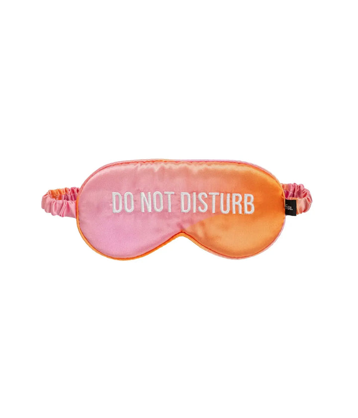 Maschera per dormire rosa e arancione con scritta Do Not Disturb e elastico. Sfondo bianco