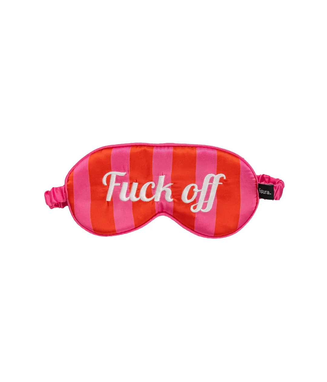 Maschera per dormire rossa e fucsia con scritta Fuck off e elastico. Sfondo bianco