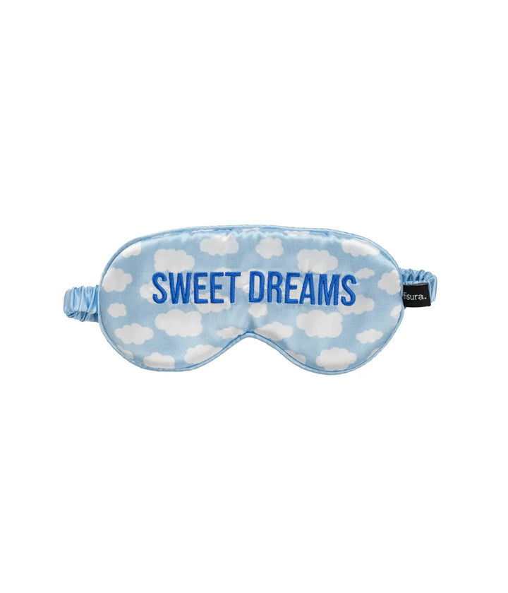 Maschera per dormire azzurra con nuvole bianche, scritta Sweet Dreams e elastico. Sfondo bianco