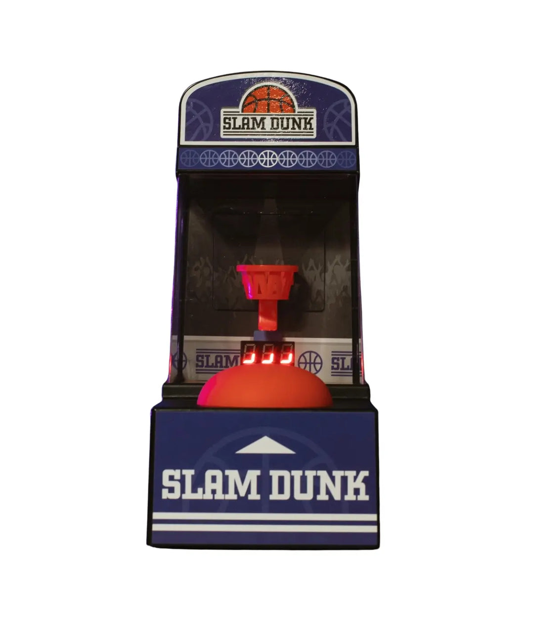 Mini arcade Basket. Scritta bianca Slam Dunk, canestro, palla e contatore punti. Sfondo bianco.