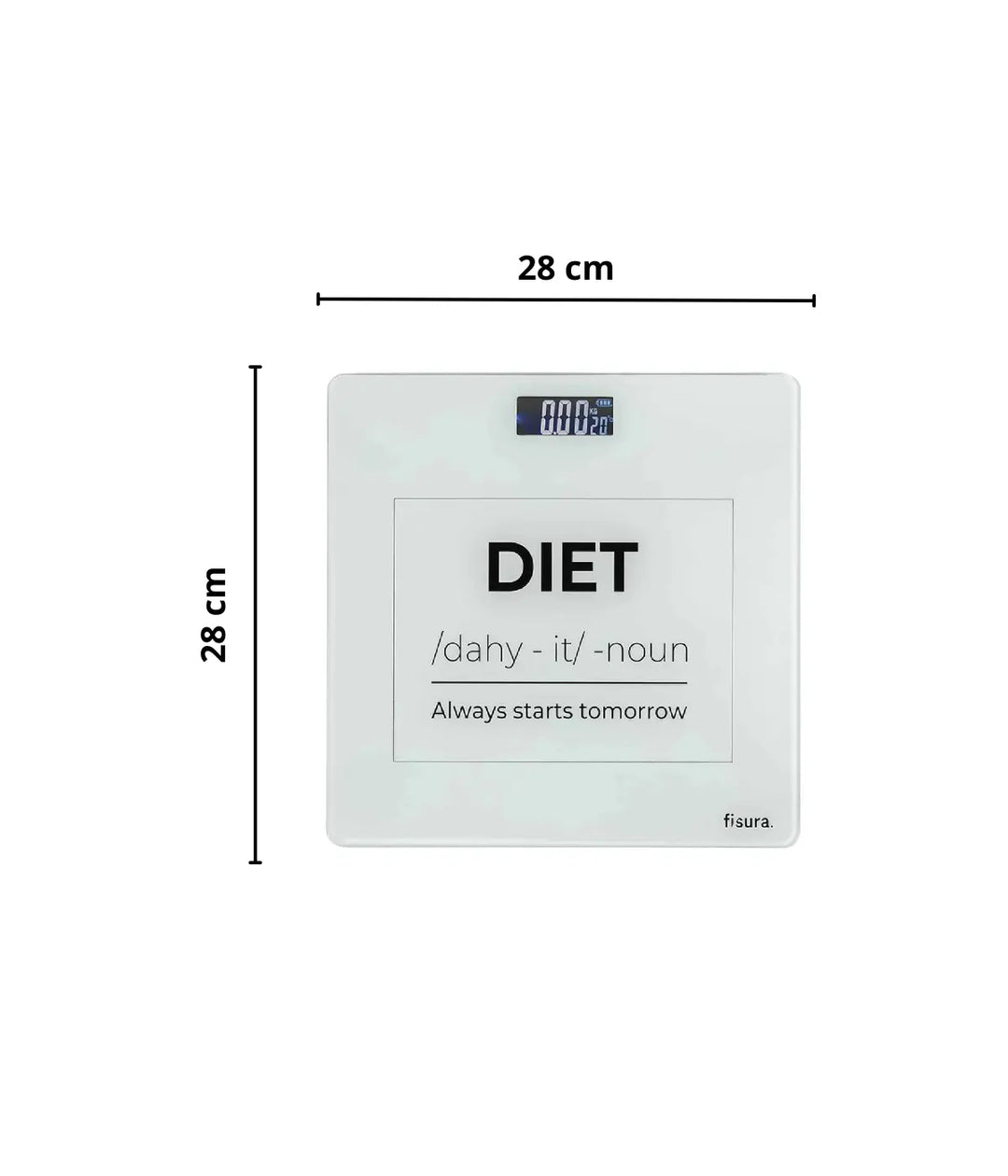 Bilancia in vetro misure 28 x 28 cm con scritta Diet, La dieta inizia sempre domani. Sfondo bianco