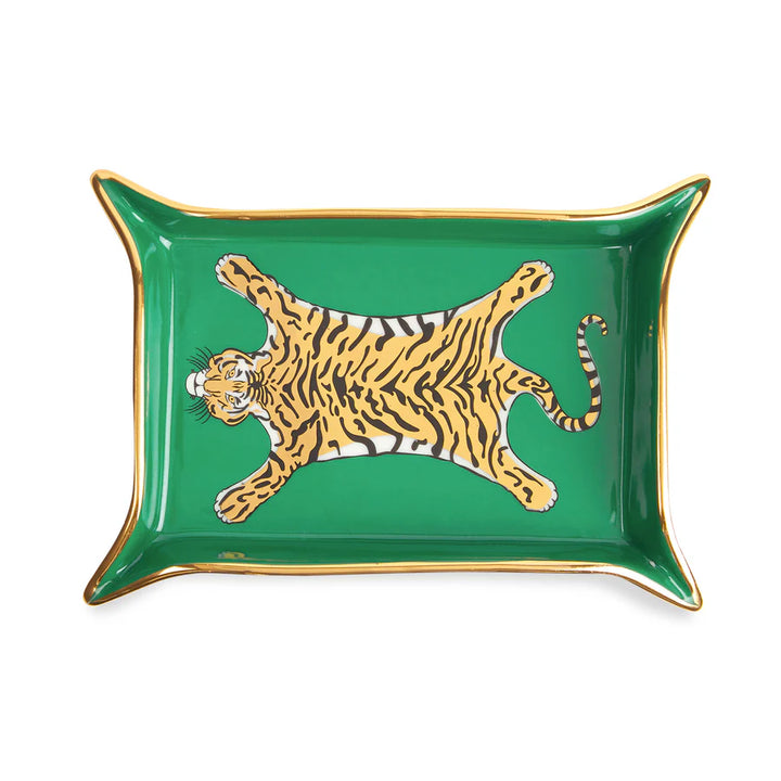 Vassoio verde con disegno pelle tigre. Dettaglio bordo in oro. Immagine su sfondo bianco